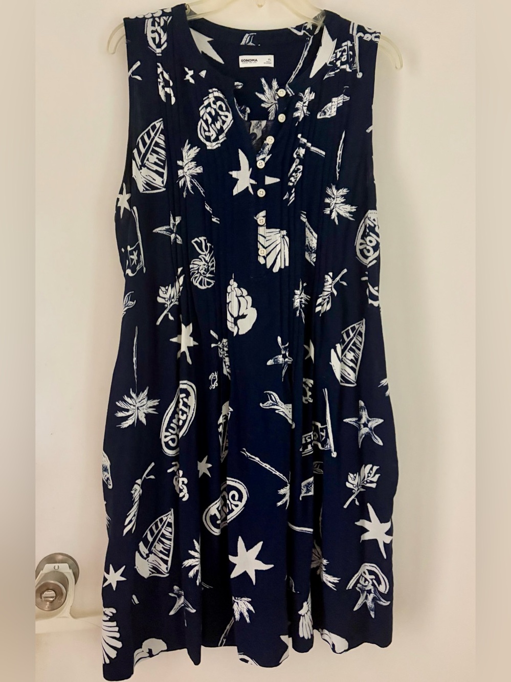 Sleeveless Navy and White pintucked Nautical Print Shift Dress